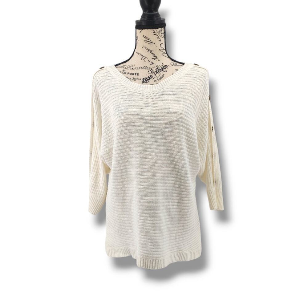 Womens Knit Sweater Large Ivory Dolman‎ Sleeve Button Detail Textured Comfy